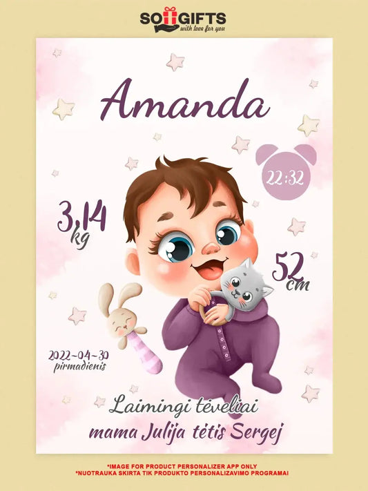 Personalizuota Mergaitės Gimimo Metrikų Iliustracija ant drobės  Drobe -  dovanokis.lt