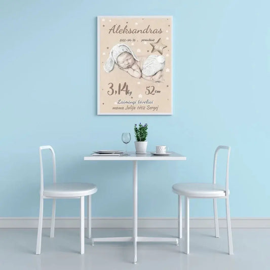 Personalizuota Vaiko Gimimo Metrikų Iliustracija, plakatas su rėmeliu  Posteris(Plakatas) -  dovanokis.lt