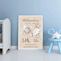 Personalizuota Vaiko Gimimo Metrikų Iliustracija, plakatas su rėmeliu  Posteris(Plakatas) -  dovanokis.lt