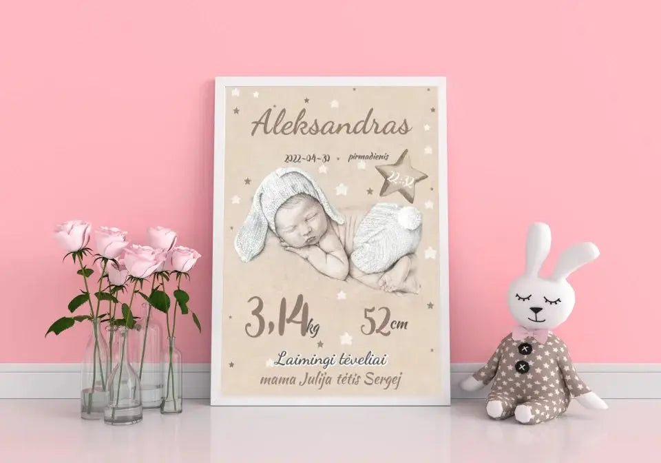 Personalizuota Vaiko Gimimo Metrikų Iliustracija, plakatas su rėmeliu  Posteris(Plakatas) -  dovanokis.lt