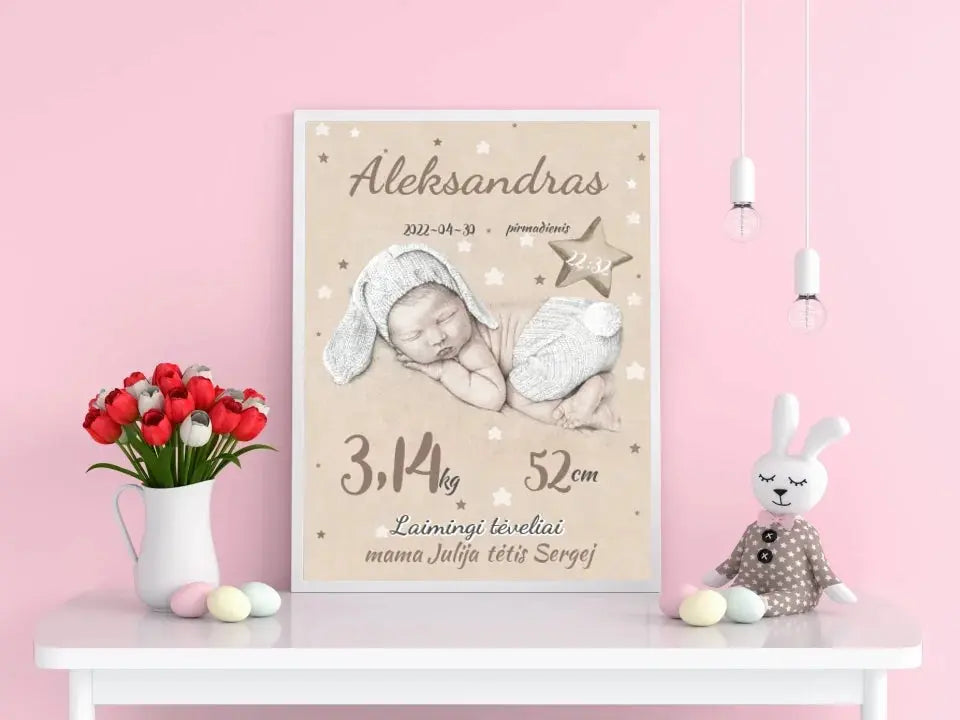 Personalizuota Vaiko Gimimo Metrikų Iliustracija, plakatas su rėmeliu  Posteris(Plakatas) -  dovanokis.lt