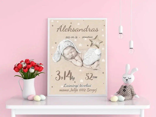 Personalizuota Vaiko Gimimo Metrikų Iliustracija, plakatas su rėmeliu  Posteris(Plakatas) -  dovanokis.lt