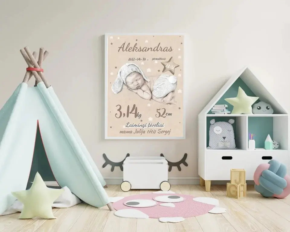 Personalizuota Vaiko Gimimo Metrikų Iliustracija, plakatas su rėmeliu  Posteris(Plakatas) -  dovanokis.lt