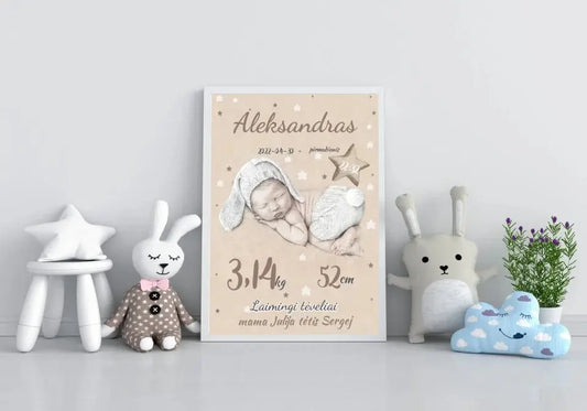Personalizuota Vaiko Gimimo Metrikų Iliustracija, plakatas su rėmeliu  Posteris(Plakatas) -  dovanokis.lt