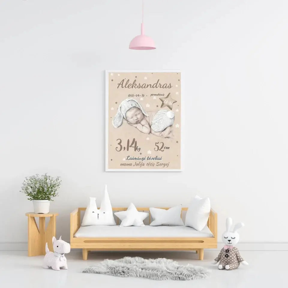 Personalizuota Vaiko Gimimo Metrikų Iliustracija, plakatas su rėmeliu  Posteris(Plakatas) -  dovanokis.lt