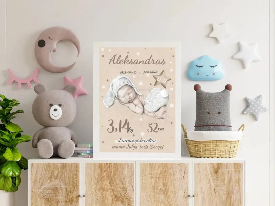 Personalizuota Vaiko Gimimo Metrikų Iliustracija, plakatas su rėmeliu  Posteris(Plakatas) -  dovanokis.lt