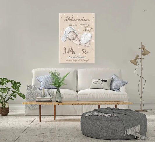 Personalizuota Vaiko Gimimo Metrikų Iliustracija ant drobės  Drobe -  dovanokis.lt