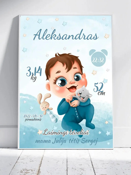 Personalizuota Berniuko Gimimo Metrikų Iliustracija, plakatas su rėmeliu  Posteris(Plakatas) -  dovanokis.lt