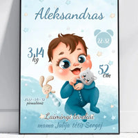Personalizuota Berniuko Gimimo Metrikų Iliustracija, plakatas su rėmeliu  Posteris(Plakatas) -  dovanokis.lt