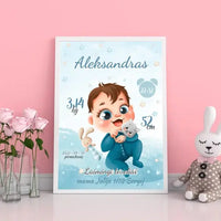 Personalizuota Berniuko Gimimo Metrikų Iliustracija, plakatas su rėmeliu  Posteris(Plakatas) -  dovanokis.lt