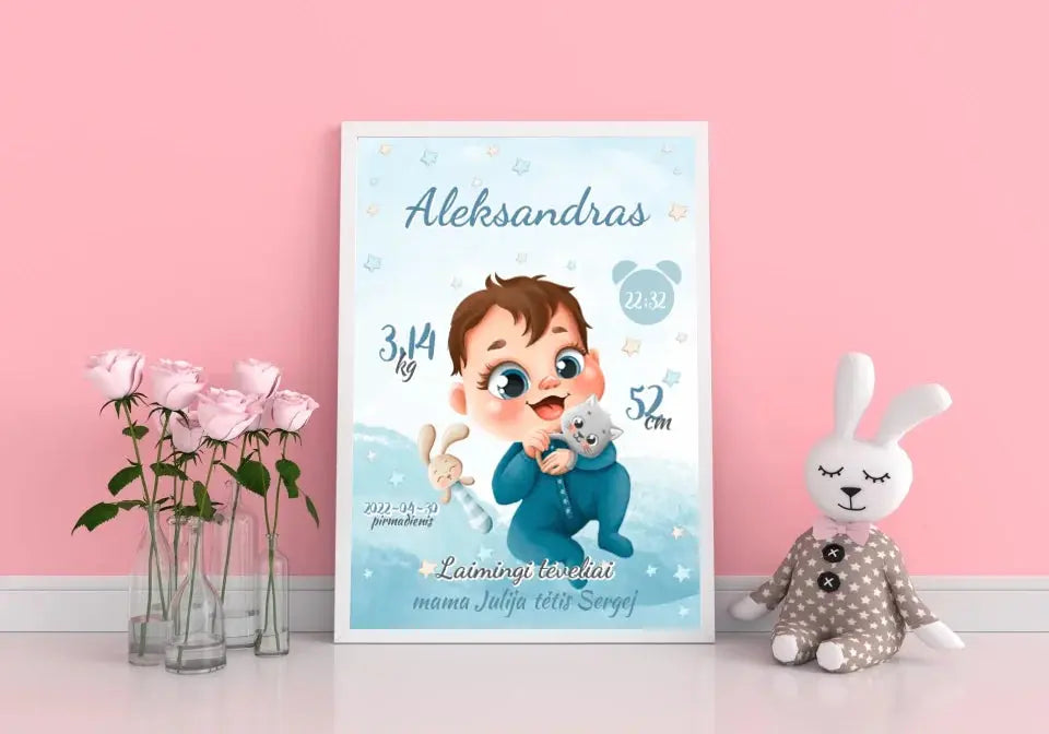 Personalizuota Berniuko Gimimo Metrikų Iliustracija, plakatas su rėmeliu  Posteris(Plakatas) -  dovanokis.lt