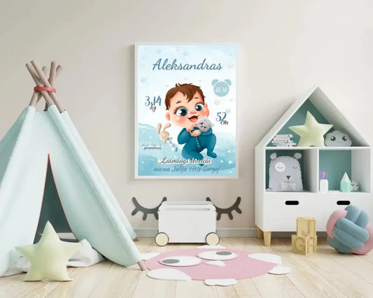 Personalizuota Berniuko Gimimo Metrikų Iliustracija, plakatas su rėmeliu  Posteris(Plakatas) -  dovanokis.lt