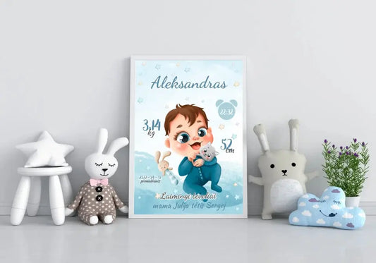 Personalizuota Berniuko Gimimo Metrikų Iliustracija, plakatas su rėmeliu  Posteris(Plakatas) -  dovanokis.lt