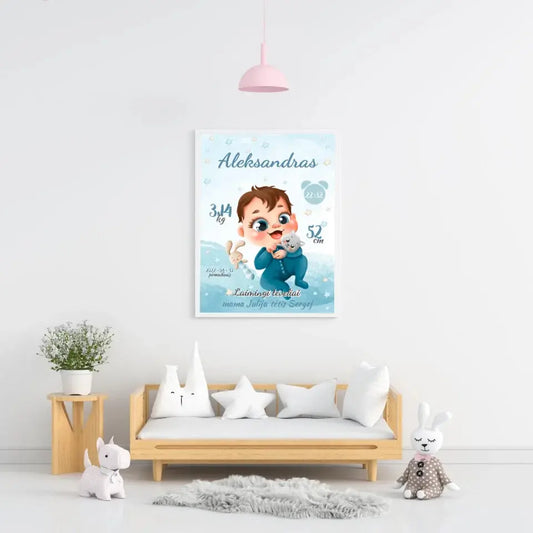 Personalizuota Berniuko Gimimo Metrikų Iliustracija, plakatas su rėmeliu  Posteris(Plakatas) -  dovanokis.lt