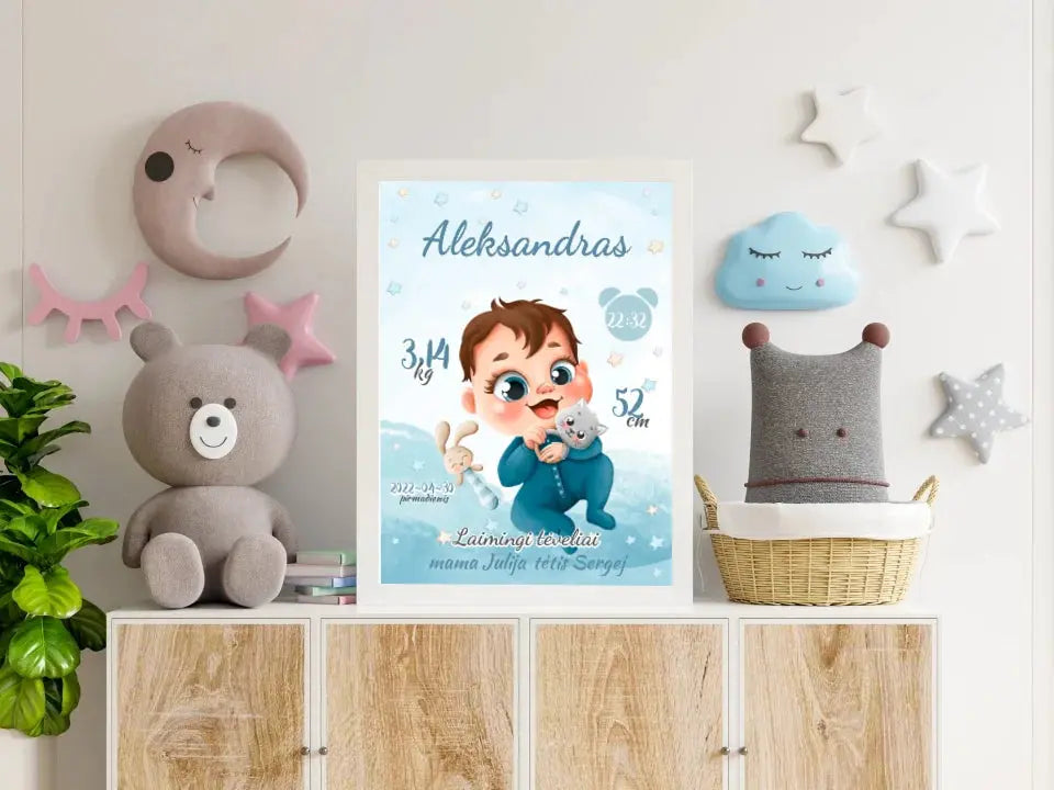 Personalizuota Berniuko Gimimo Metrikų Iliustracija, plakatas su rėmeliu  Posteris(Plakatas) -  dovanokis.lt