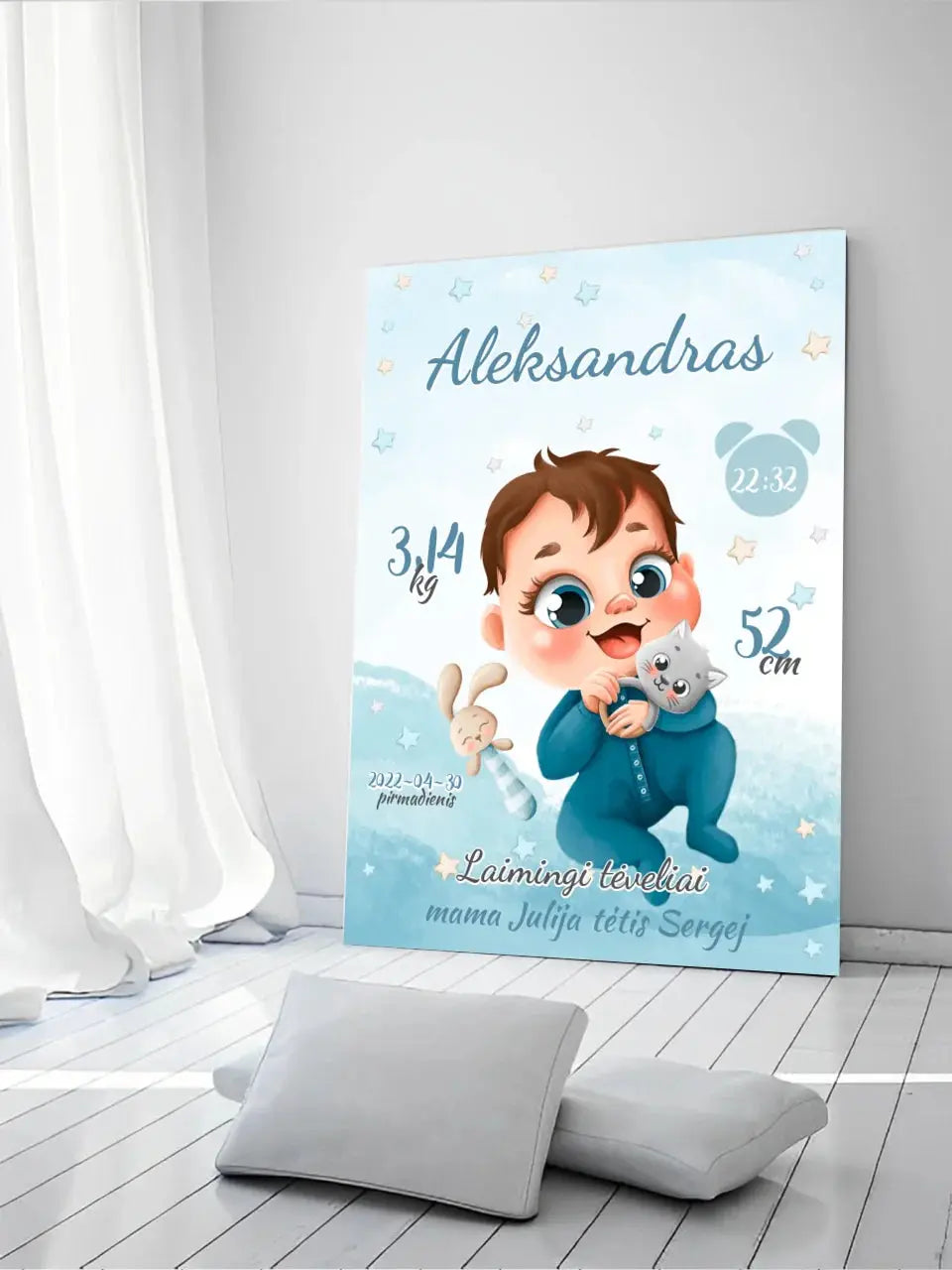 Personalizuota Berniuko Gimimo Metrikų Iliustracija ant drobės  Drobe -  dovanokis.lt