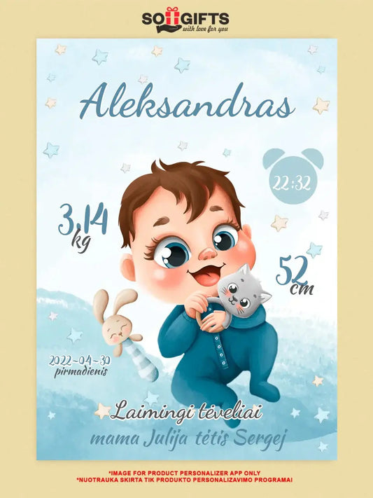 Personalizuota Berniuko Gimimo Metrikų Iliustracija ant drobės  Drobe -  dovanokis.lt