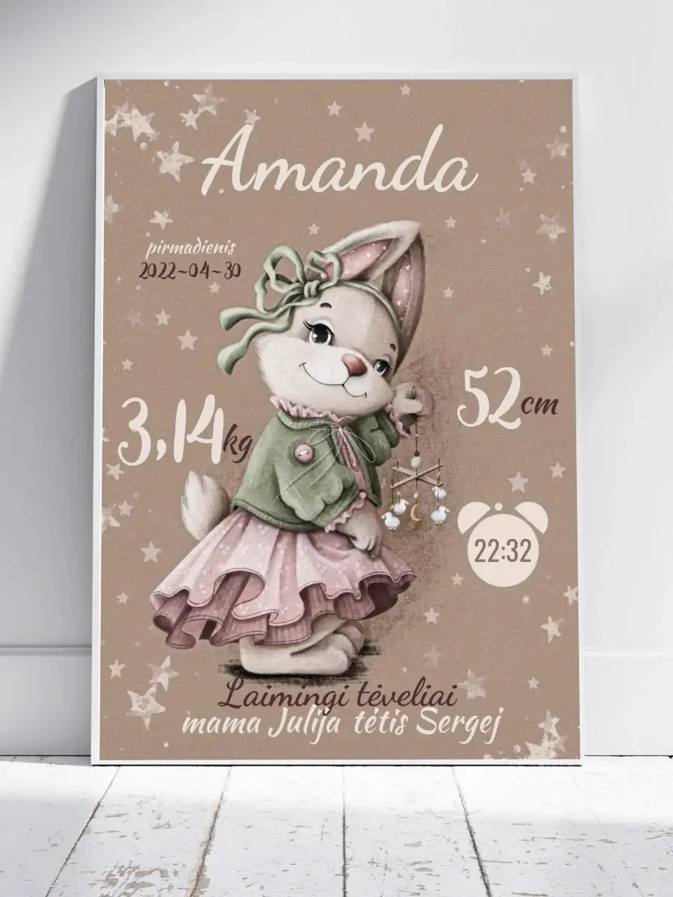 Personalizuota Mergaitės Gimimo Metrikų Iliustracija, plakatas su rėmeliu  Posteris(Plakatas) -  dovanokis.lt