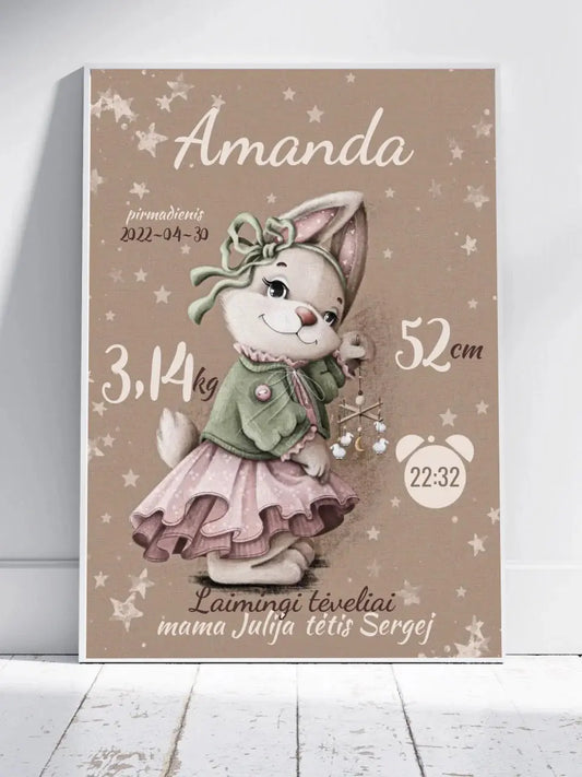 Personalizuota Mergaitės Gimimo Metrikų Iliustracija, plakatas su rėmeliu  Posteris(Plakatas) -  dovanokis.lt