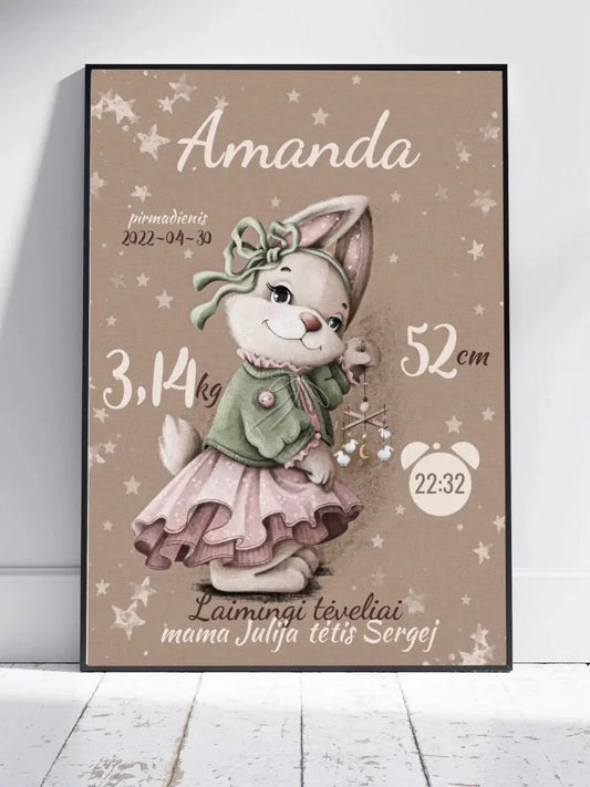 Personalizuota Mergaitės Gimimo Metrikų Iliustracija, plakatas su rėmeliu  Posteris(Plakatas) -  dovanokis.lt