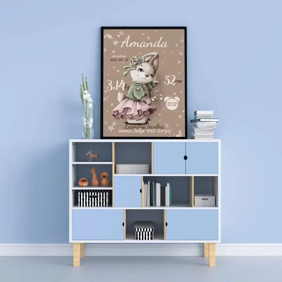 Personalizuota Mergaitės Gimimo Metrikų Iliustracija, plakatas su rėmeliu  Posteris(Plakatas) -  dovanokis.lt