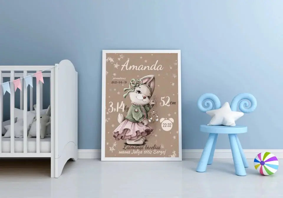 Personalizuota Mergaitės Gimimo Metrikų Iliustracija, plakatas su rėmeliu  Posteris(Plakatas) -  dovanokis.lt