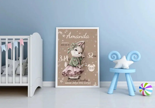 Personalizuota Mergaitės Gimimo Metrikų Iliustracija, plakatas su rėmeliu  Posteris(Plakatas) -  dovanokis.lt