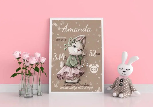 Personalizuota Mergaitės Gimimo Metrikų Iliustracija, plakatas su rėmeliu  Posteris(Plakatas) -  dovanokis.lt