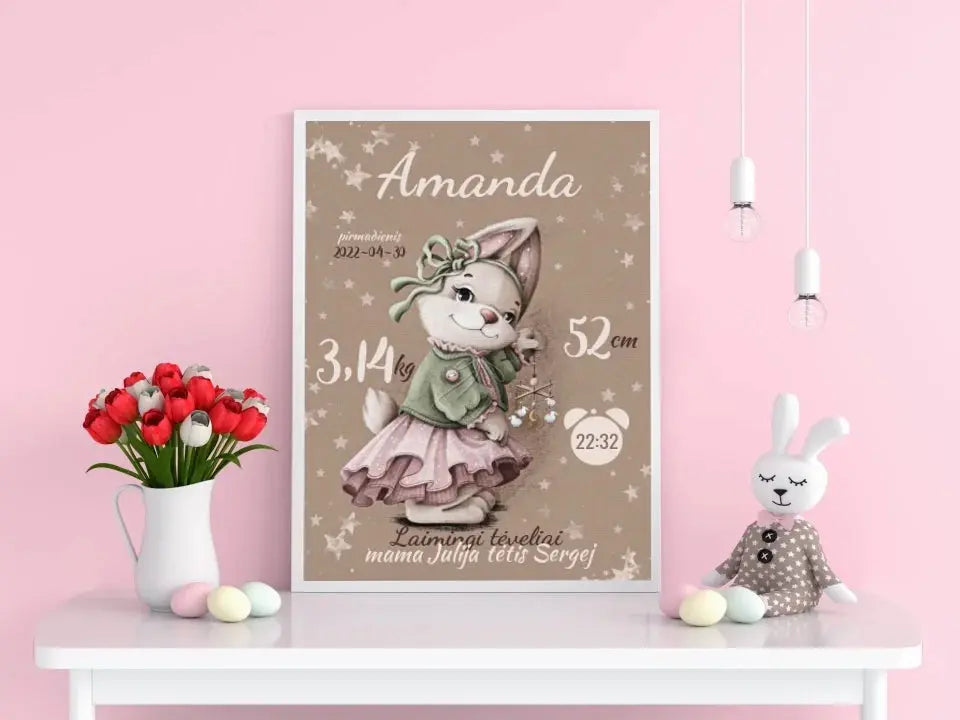 Personalizuota Mergaitės Gimimo Metrikų Iliustracija, plakatas su rėmeliu  Posteris(Plakatas) -  dovanokis.lt