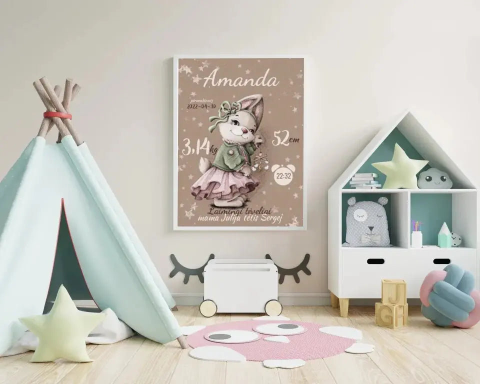 Personalizuota Mergaitės Gimimo Metrikų Iliustracija, plakatas su rėmeliu  Posteris(Plakatas) -  dovanokis.lt