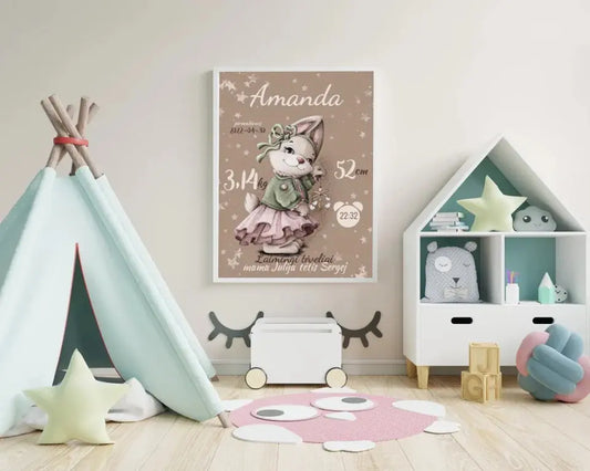 Personalizuota Mergaitės Gimimo Metrikų Iliustracija, plakatas su rėmeliu  Posteris(Plakatas) -  dovanokis.lt
