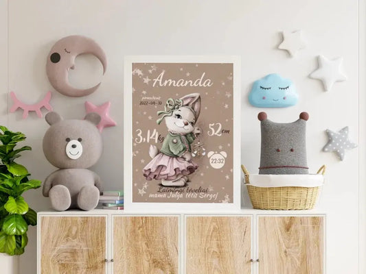 Personalizuota Mergaitės Gimimo Metrikų Iliustracija, plakatas su rėmeliu  Posteris(Plakatas) -  dovanokis.lt