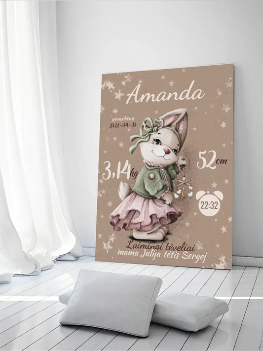 Personalizuota Mergaitės Gimimo Metrikų Iliustracija ant drobės  Drobe -  dovanokis.lt