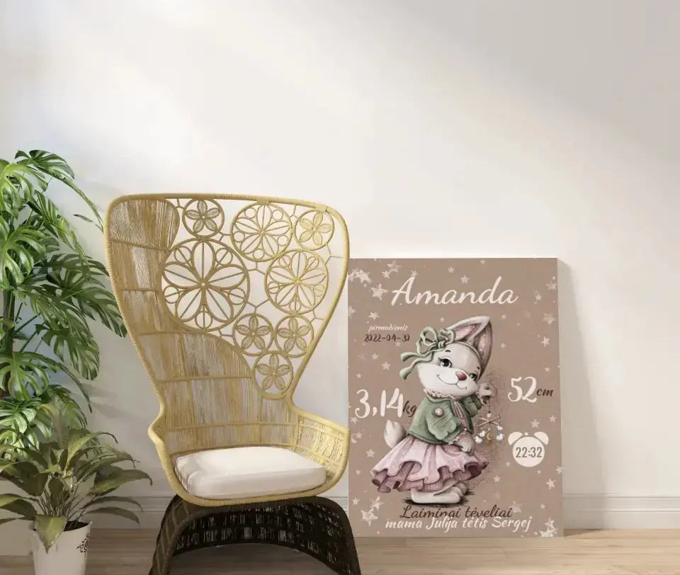 Personalizuota Mergaitės Gimimo Metrikų Iliustracija ant drobės  Drobe -  dovanokis.lt