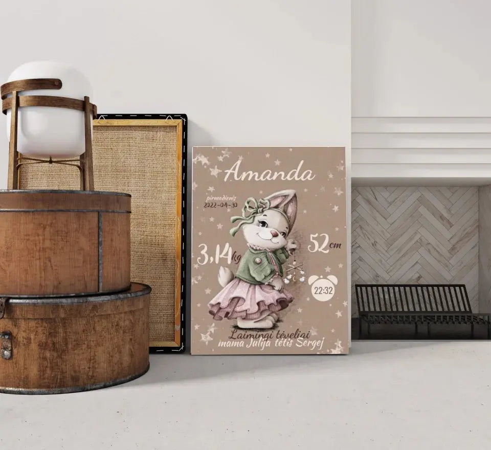 Personalizuota Mergaitės Gimimo Metrikų Iliustracija ant drobės  Drobe -  dovanokis.lt