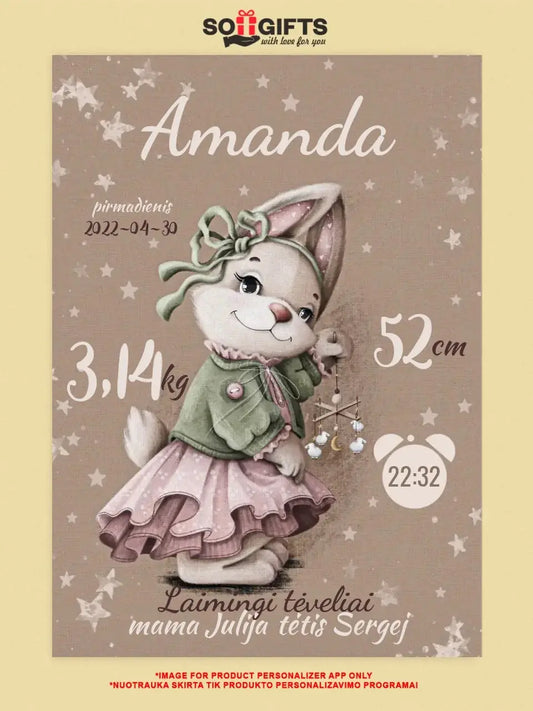 Personalizuota Mergaitės Gimimo Metrikų Iliustracija ant drobės  Drobe -  dovanokis.lt