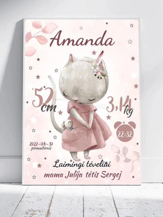 Personalizuota Mergaitės Gimimo Metrikų Iliustracija, plakatas su rėmeliu  Posteris(Plakatas) -  dovanokis.lt