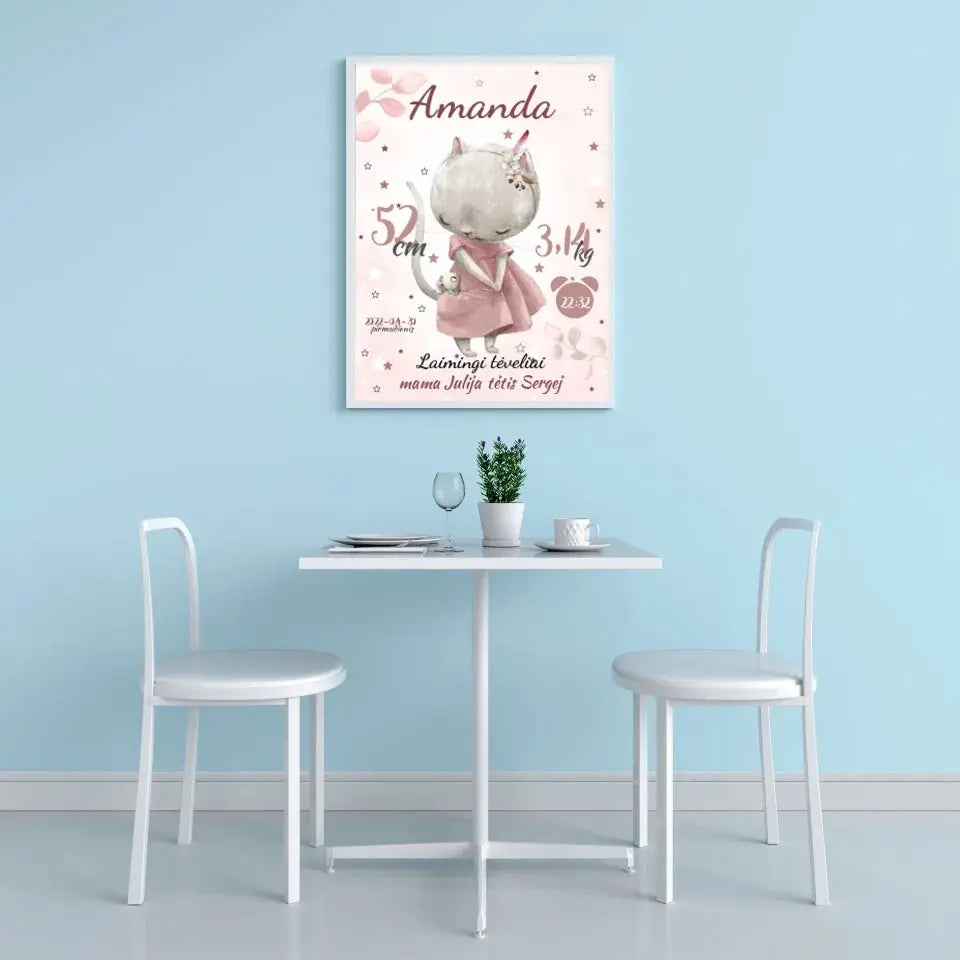 Personalizuota Mergaitės Gimimo Metrikų Iliustracija, plakatas su rėmeliu  Posteris(Plakatas) -  dovanokis.lt