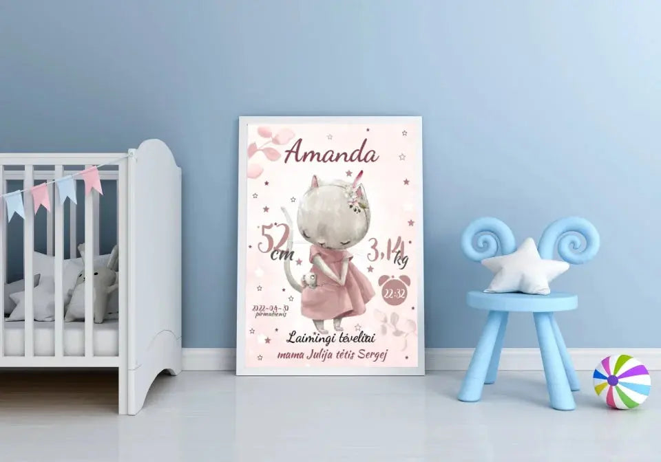 Personalizuota Mergaitės Gimimo Metrikų Iliustracija, plakatas su rėmeliu  Posteris(Plakatas) -  dovanokis.lt
