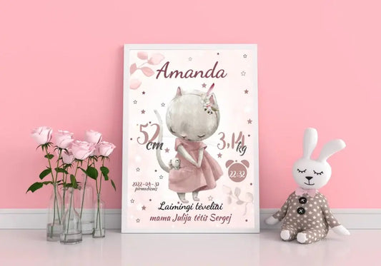 Personalizuota Mergaitės Gimimo Metrikų Iliustracija, plakatas su rėmeliu  Posteris(Plakatas) -  dovanokis.lt