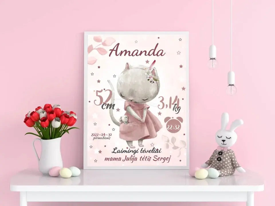 Personalizuota Mergaitės Gimimo Metrikų Iliustracija, plakatas su rėmeliu  Posteris(Plakatas) -  dovanokis.lt