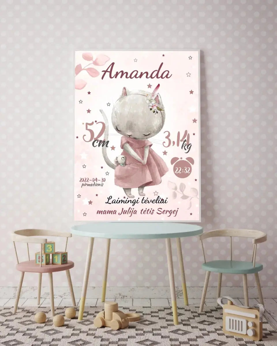 Personalizuota Mergaitės Gimimo Metrikų Iliustracija, plakatas su rėmeliu  Posteris(Plakatas) -  dovanokis.lt