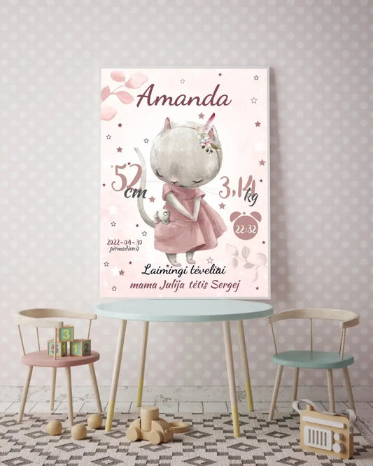Personalizuota Mergaitės Gimimo Metrikų Iliustracija, plakatas su rėmeliu  Posteris(Plakatas) -  dovanokis.lt