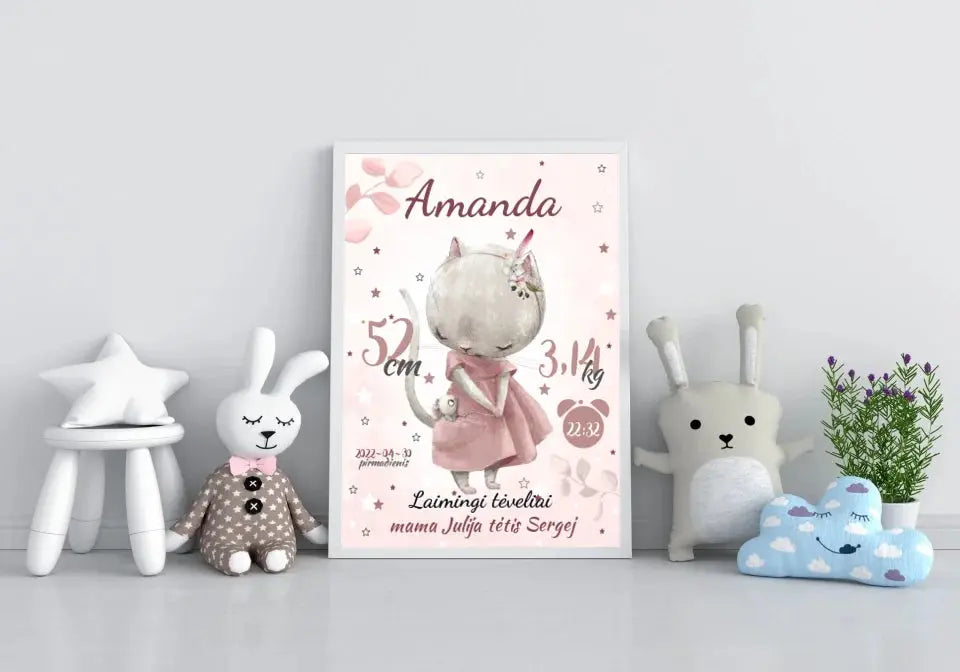 Personalizuota Mergaitės Gimimo Metrikų Iliustracija, plakatas su rėmeliu  Posteris(Plakatas) -  dovanokis.lt