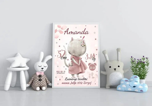Personalizuota Mergaitės Gimimo Metrikų Iliustracija, plakatas su rėmeliu  Posteris(Plakatas) -  dovanokis.lt