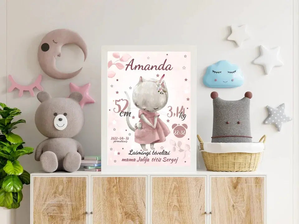 Personalizuota Mergaitės Gimimo Metrikų Iliustracija, plakatas su rėmeliu  Posteris(Plakatas) -  dovanokis.lt