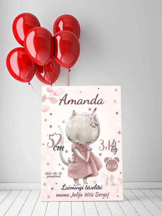 Personalizuota Mergaitės Gimimo Metrikų Iliustracija ant drobės  Drobe -  dovanokis.lt
