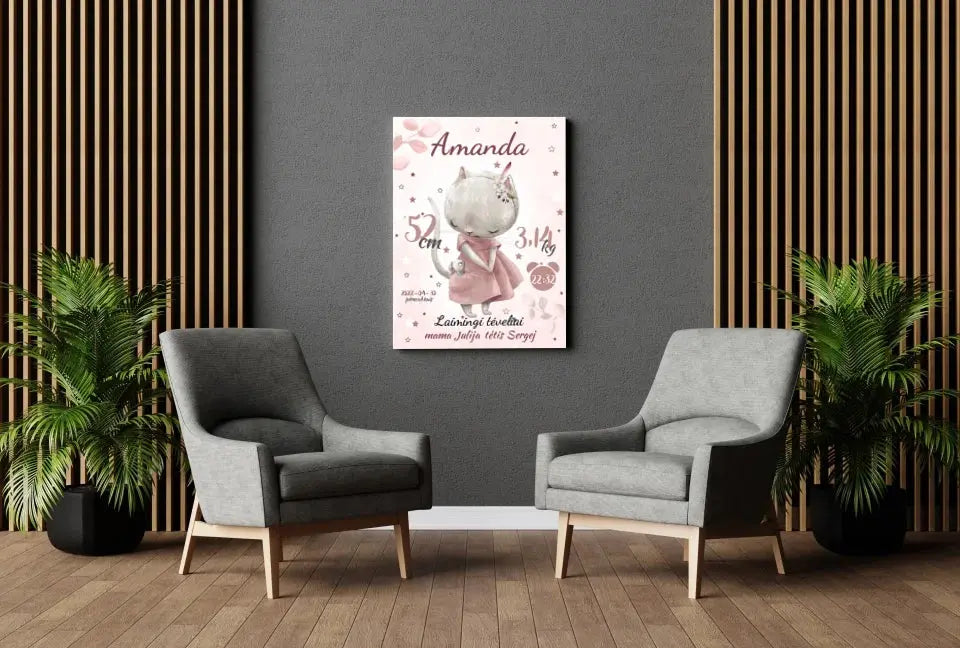 Personalizuota Mergaitės Gimimo Metrikų Iliustracija ant drobės  Drobe -  dovanokis.lt