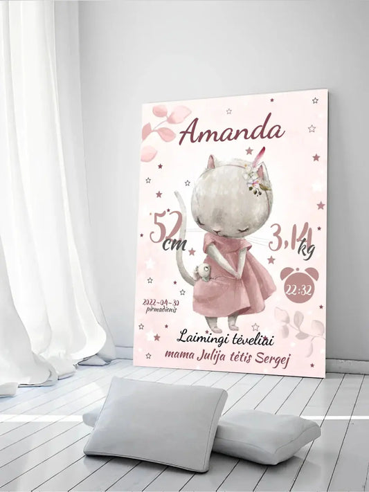 Personalizuota Mergaitės Gimimo Metrikų Iliustracija ant drobės  Drobe -  dovanokis.lt