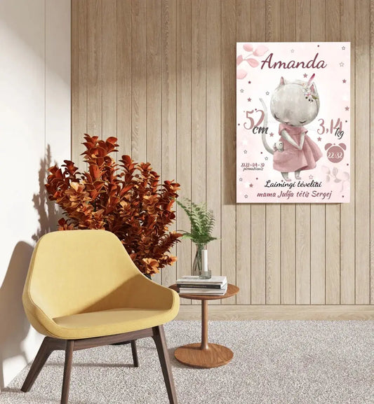 Personalizuota Mergaitės Gimimo Metrikų Iliustracija ant drobės  Drobe -  dovanokis.lt